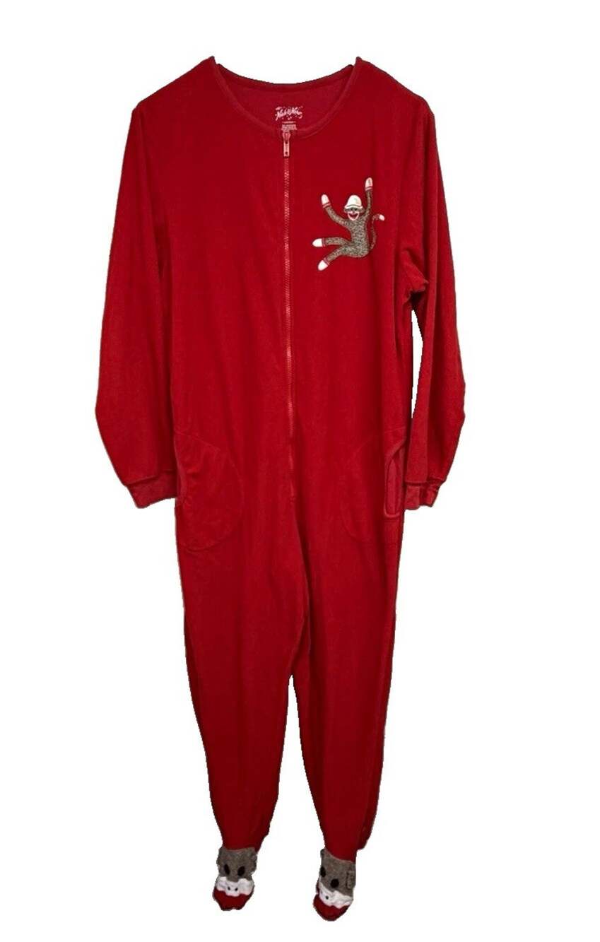 Nick & Nora Sock Monkey Footed Pajamas Womens M Red Fleece One Piece 2011